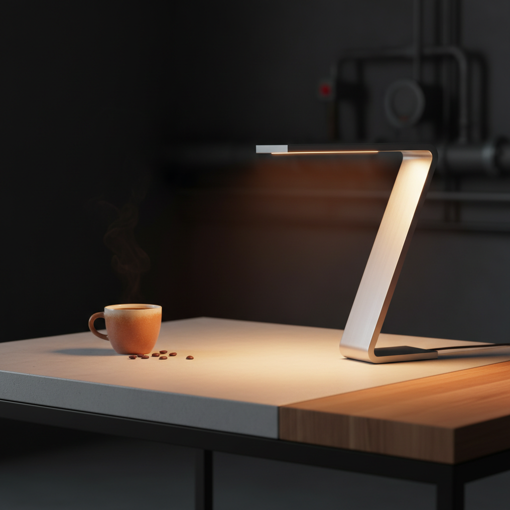 Industrial desk ambient light with warm LED glow on a cozy modern desk